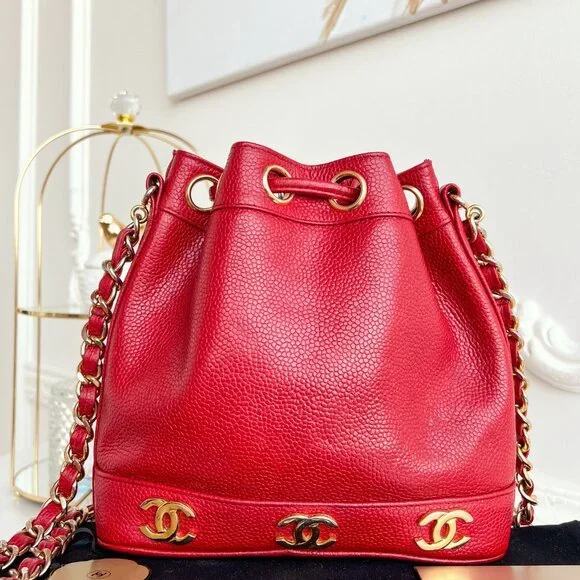 Authentic Chanel CC Bucket Mini Triple coco mark Shoulder Crossbody red B0970 - Picture 7 of 16